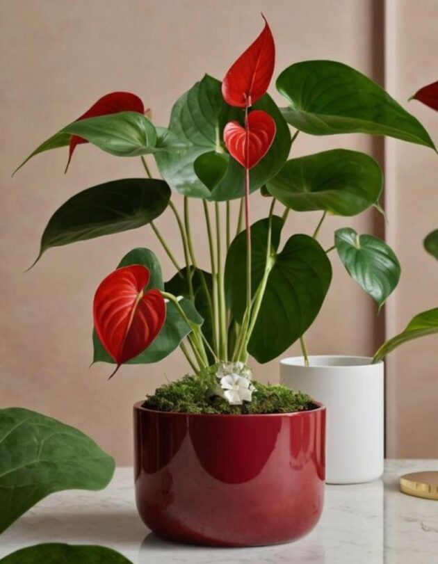 Red Anthurium in Red Glazed Pot
